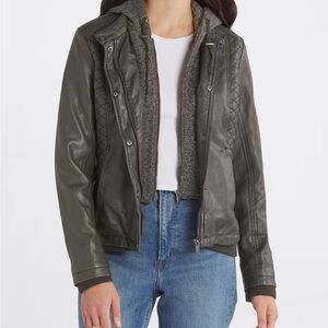 Mo-Ka Meriam Knit Hood Faux Leather Jacket - dark grey